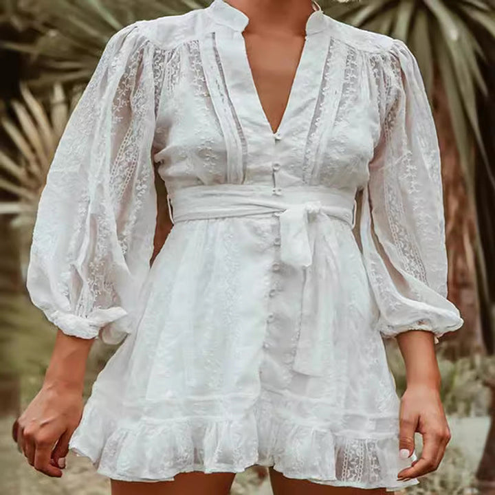 Women’s Mini Dress – Balloon Sleeves – Tie Waist – Ruffle Hem – Breathable Blend