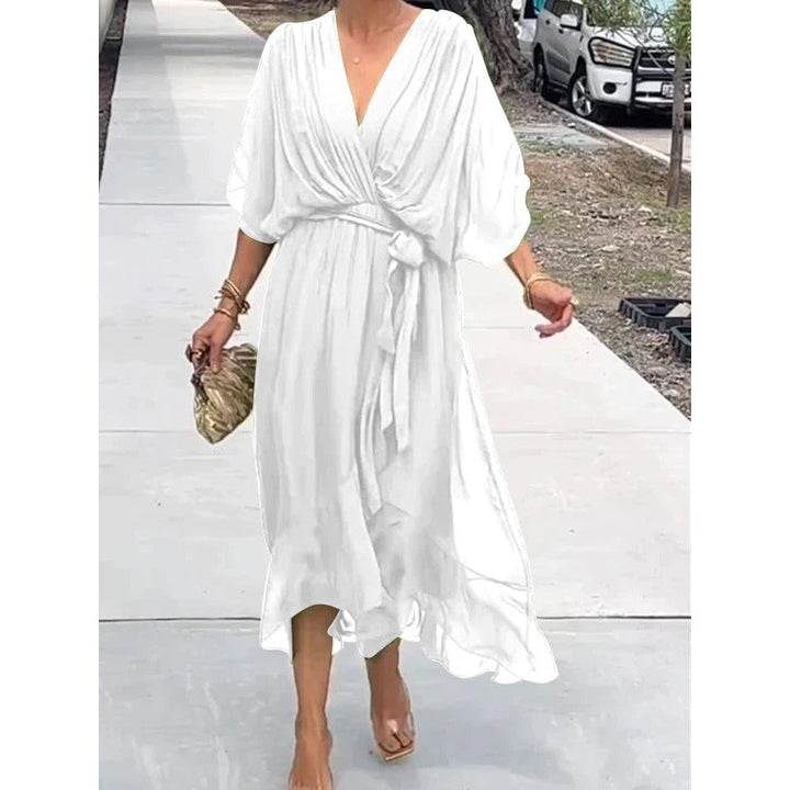 Women’s Maxi Dress – Flowing Fit – Batwing Sleeves – Tie Waist – Asymmetrical Hem