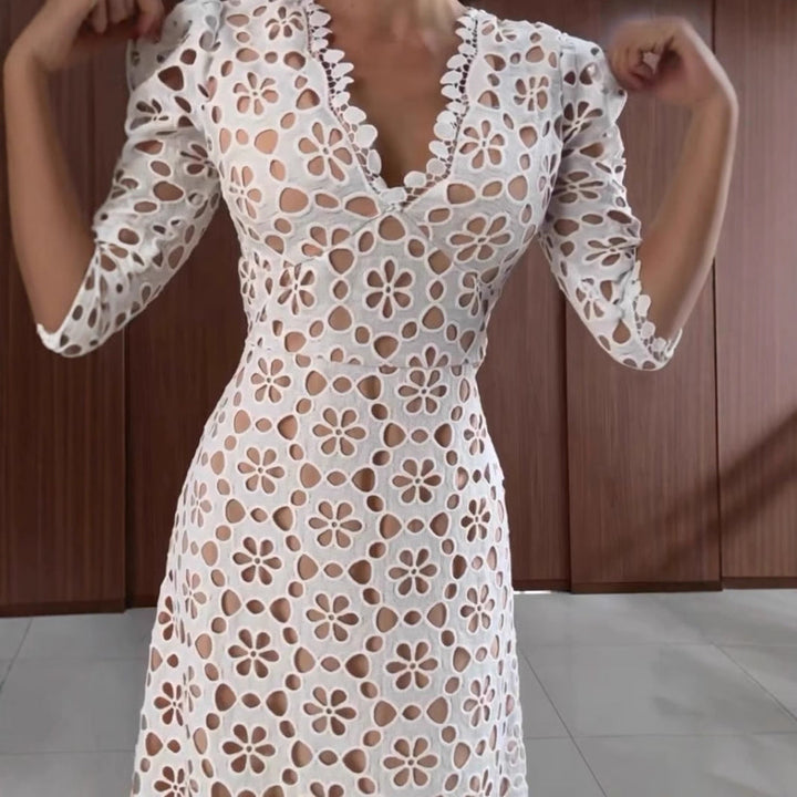 Women’s Lace Dress - V-Neck Scalloped - Floral Pattern - 3/4 Sleeve - A-Line Fit