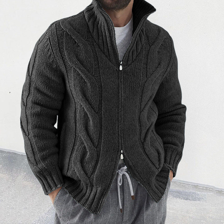 Men’s Knit Cardigan – Wool Blend – High Neck – Cable Knit Sleeves – Zip Front – Relaxed Fit