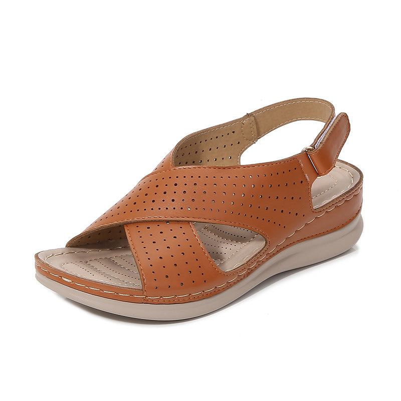 Women’s Sandals – Cushioned Sole – Crisscross Perforated Straps – Buckle Slingback