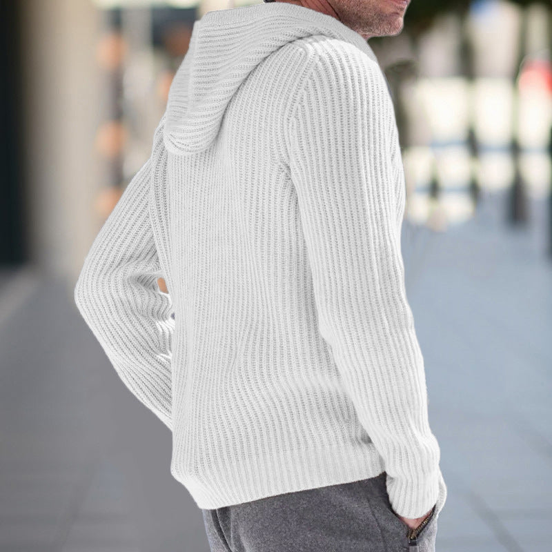 Men’s Knit Cardigan - Relaxed Fit - Hooded - Ribbed Texture - Long Sleeve Casual Layer