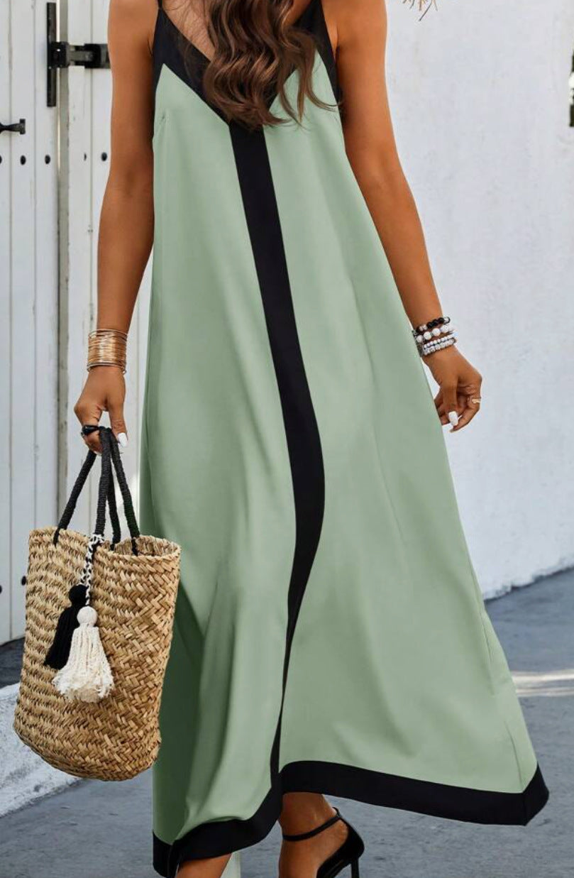 Women’s Midi Dress - Adjustable Straps - V-Neck - Relaxed Fit - Luxury Fabric - Contrast Trim