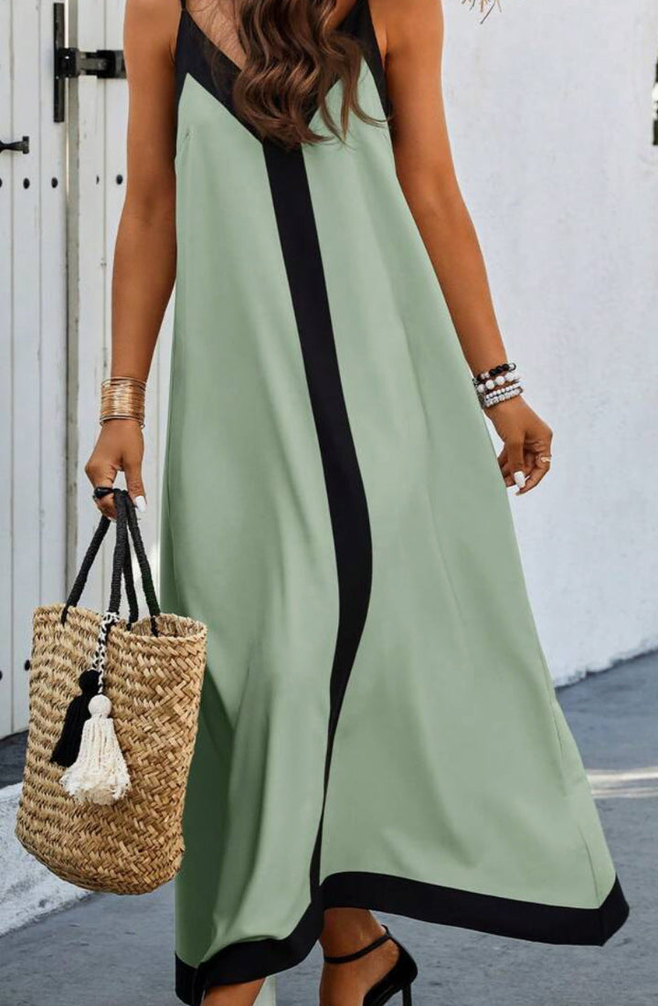 Women’s Midi Dress - Adjustable Straps - V-Neck - Relaxed Fit - Luxury Fabric - Contrast Trim