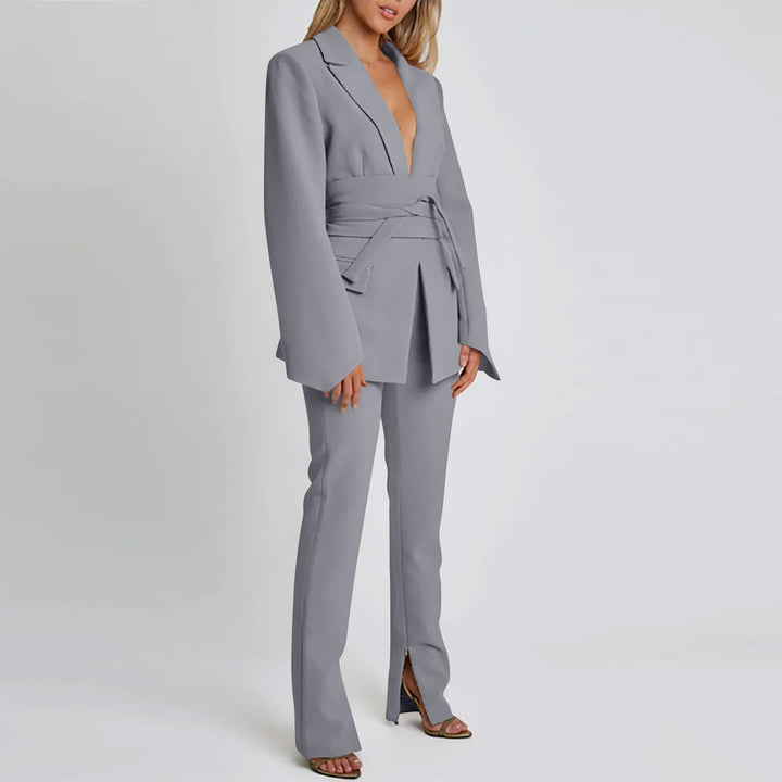 Women’s Blazer - Tailored Longline Fit - Self-Tie Waist - Notched Lapel - Flap Pockets