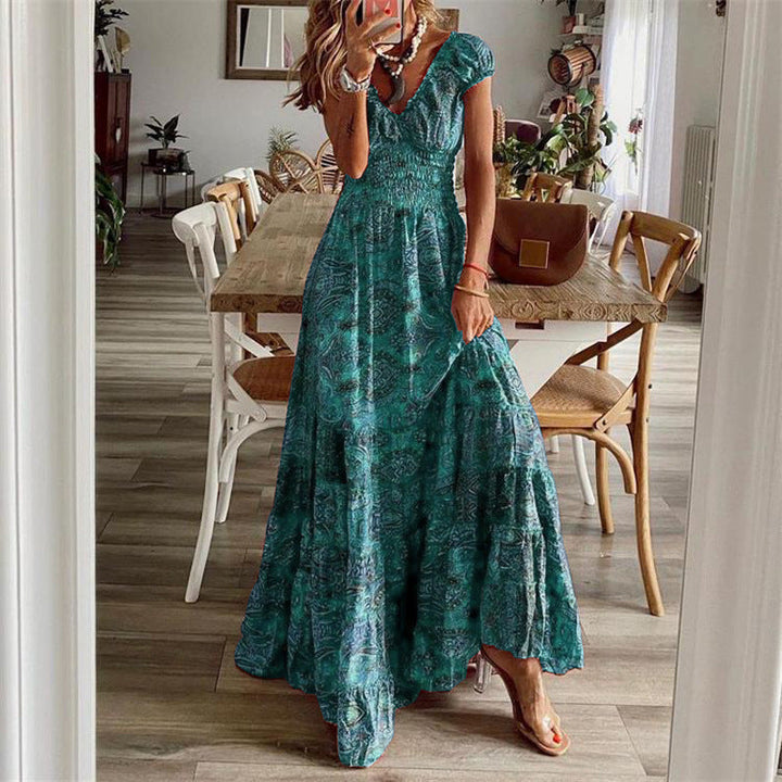 Women’s Maxi Dress – Smocked Bodice – Relaxed Fit – V-Neck – Tiered Skirt – Cotton Feel