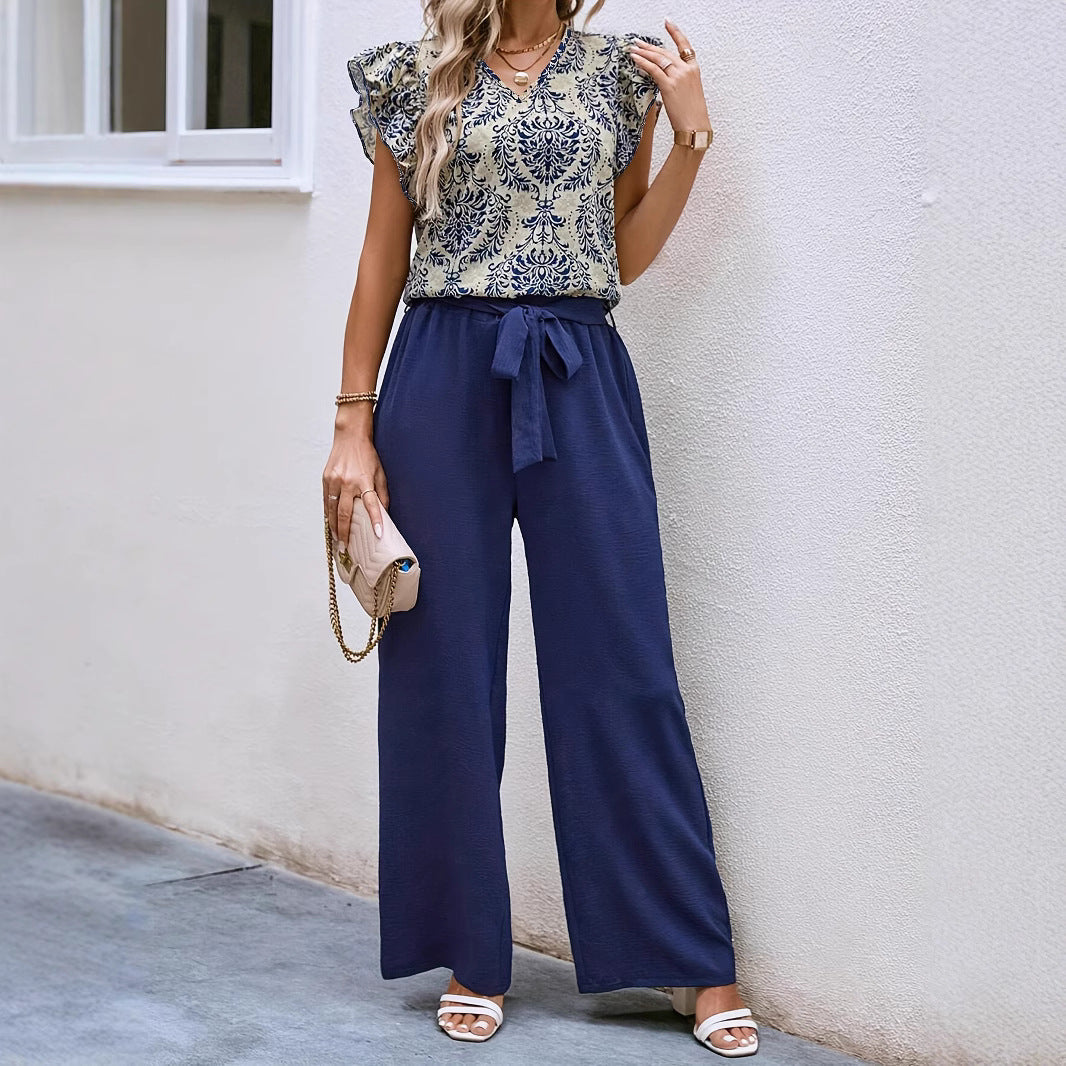 Women’s Wide-Leg Pants - High Waist - Fabric Belt - Lightweight Breathable Fit