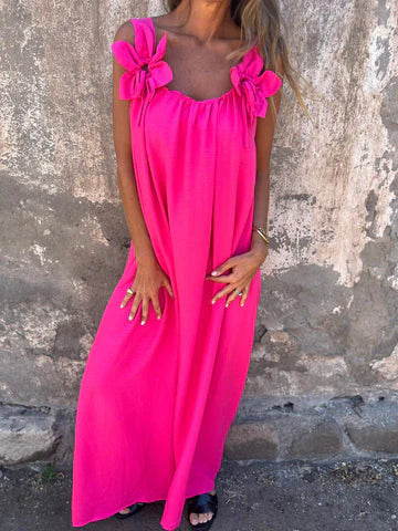 Women’s Maxi Dress – Relaxed Fit – Flowing Silhouette – Floral Shoulder Accents – Breathable Blend