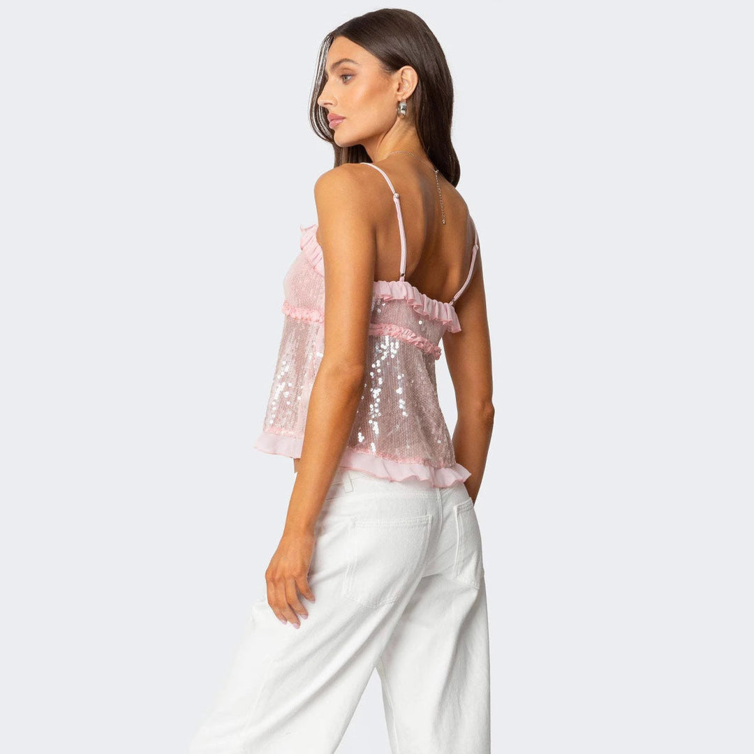 Women’s Camisole Top – Sequin Embellished – Ruffle Trim – Bow Detail – Cropped Loose Fit