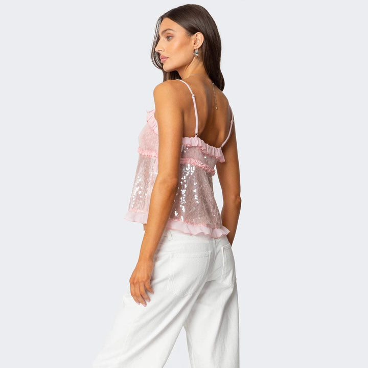 Women’s Camisole Top – Sequin Embellished – Ruffle Trim – Bow Detail – Cropped Loose Fit