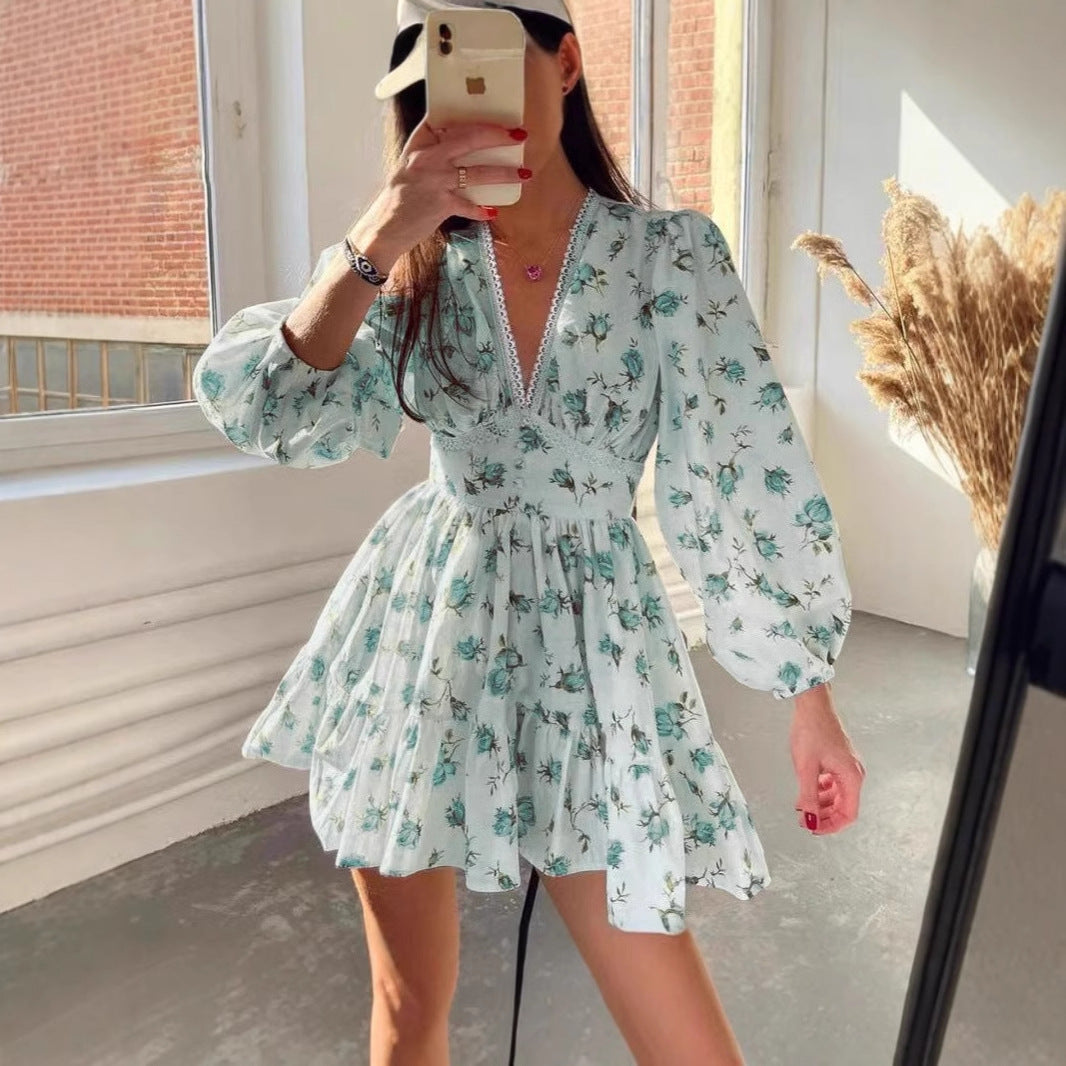 Women’s A-Line Dress – V-Neck – Long Puff Sleeve – Lightweight Cotton – Tiered Mini Skirt