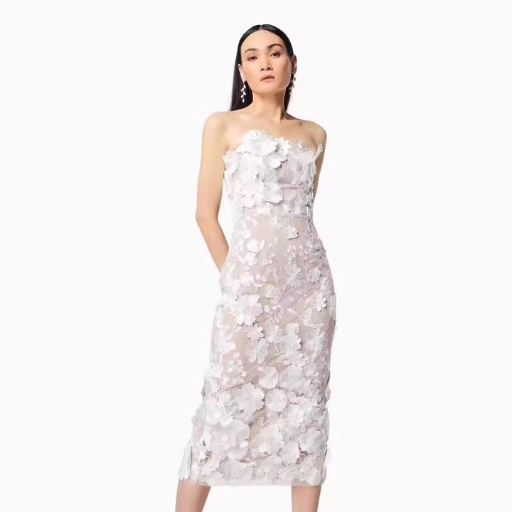Women’s Strapless Dress – Slim Fit – Sheer Mesh – 3D Floral Appliqué – Midi Length