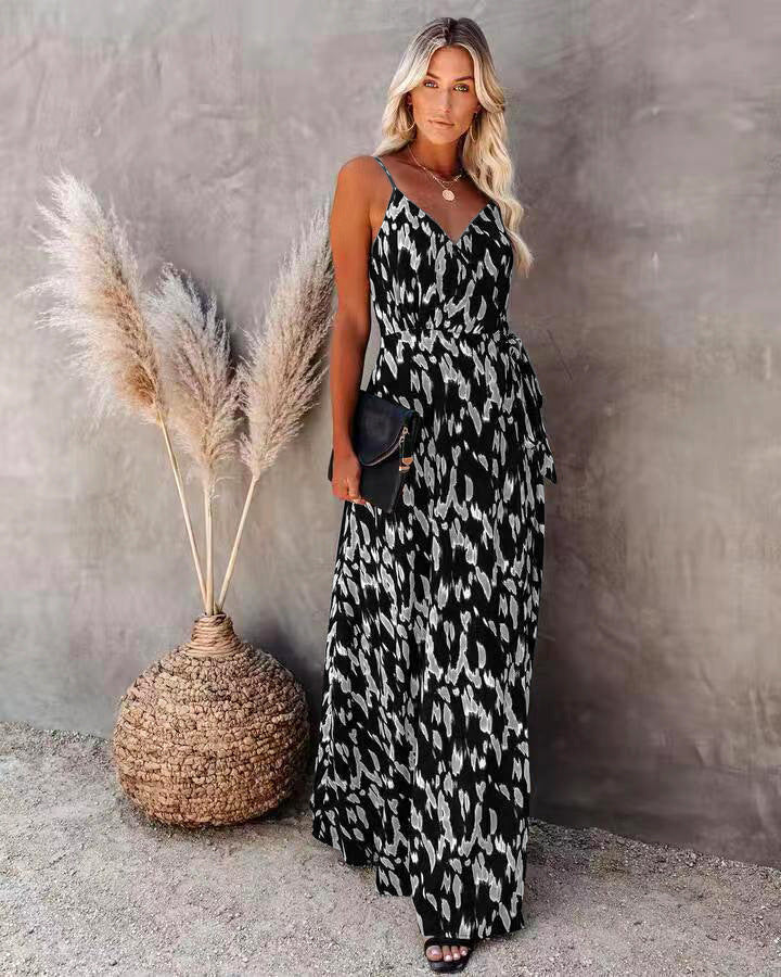 Women’s Long Dress – Slim Fit – V-Neck – Spaghetti Straps – Printed A-Line Silhouette