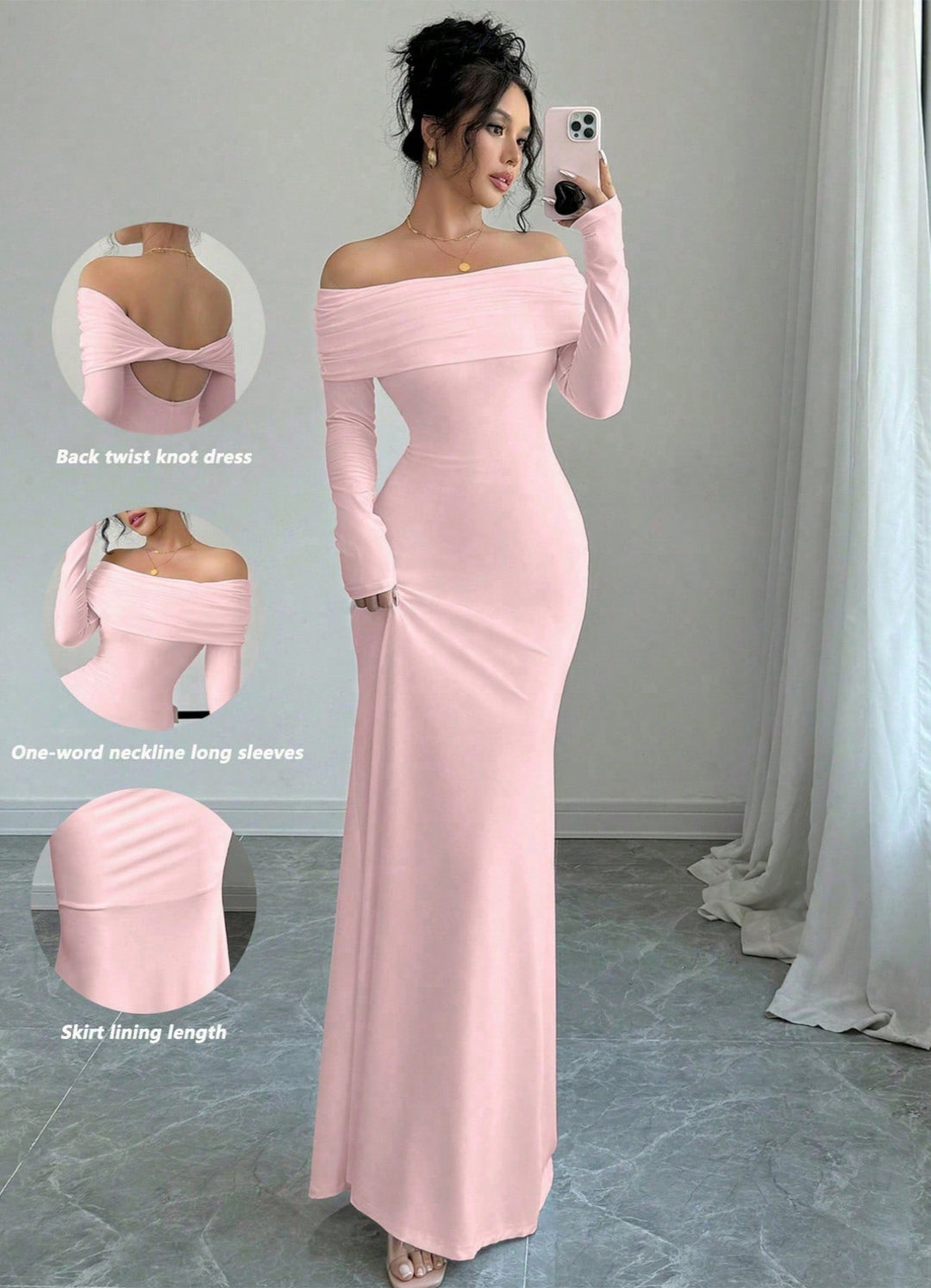 Women's Off-Shoulder Evening Gown - Long Sleeve - Back Twist Knot Elegant Style