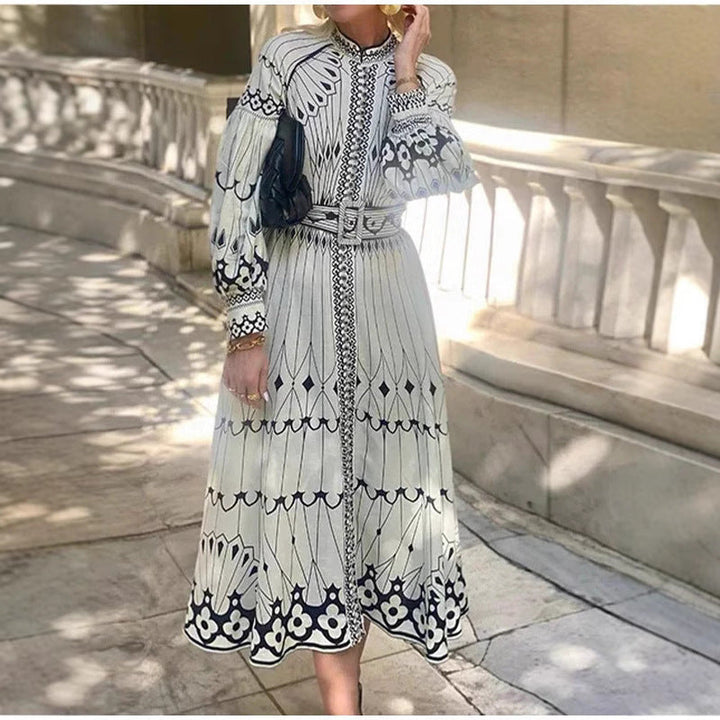 Women’s Midi Dress – Elegant Fit – Long Sleeve – Belted Waist – Patterned Design