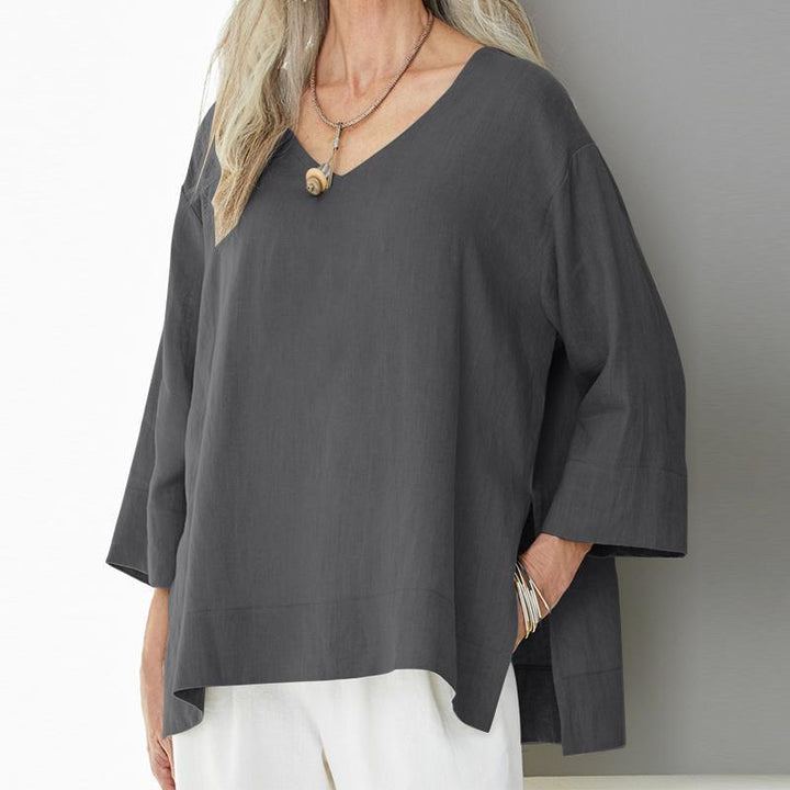 Women’s V-Neck Top – Cotton Linen Blend – Loose Fit – 3/4 Sleeve – Side Slit