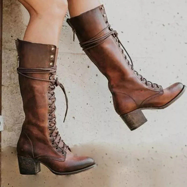 Women’s Knee-High Boots – Leather – Lace-Up Front – Chunky Heel – Side Zip Closure