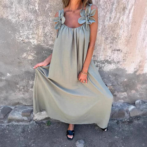 Women’s Maxi Dress – Relaxed Fit – Flowing Silhouette – Floral Shoulder Accents – Breathable Blend