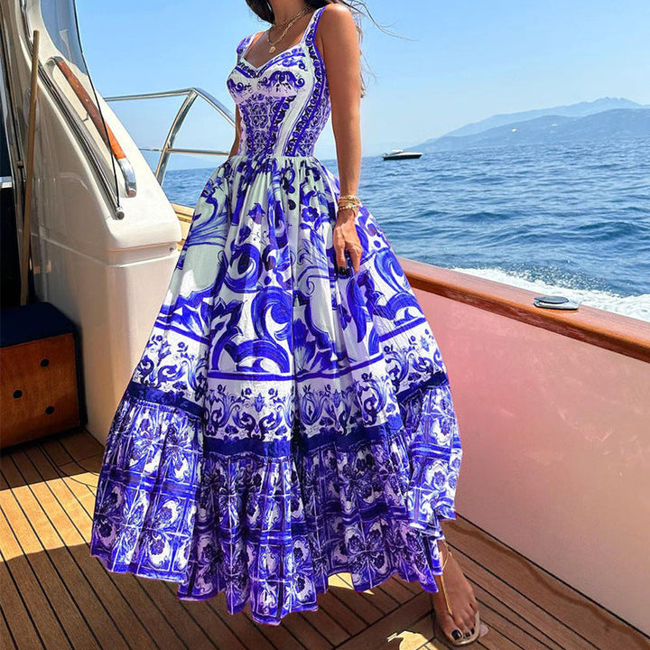 Women’s Maxi Dress – Flowing Fit – Breathable Blend – Tiered Skirt – Printed Design