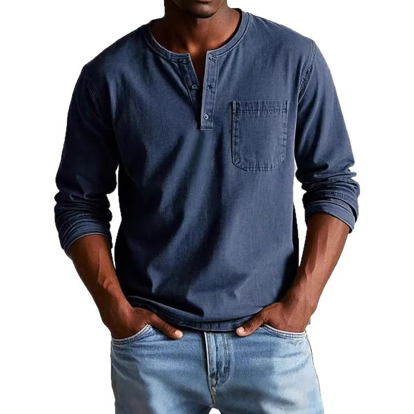 Men’s Long Sleeve T-Shirt – Slim Fit – Breathable Blend – Button Neck with Chest Pocket