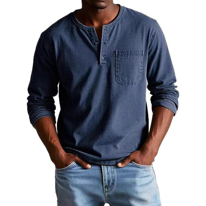 Men’s Long Sleeve T-Shirt – Slim Fit – Breathable Blend – Button Neck with Chest Pocket