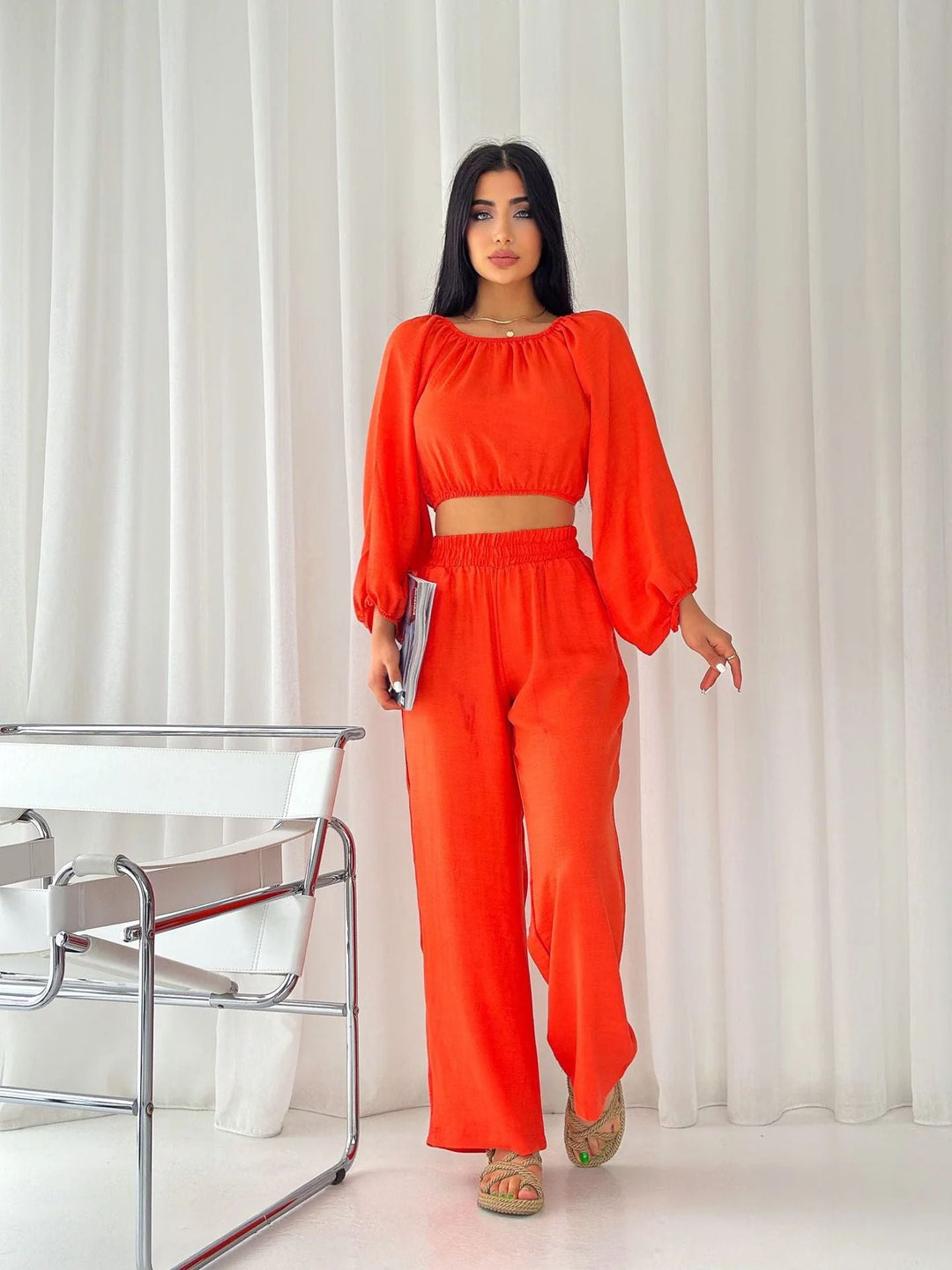 Women’s Two-Piece Set – Off-Shoulder Crop Top – Long Sleeve – High-Waist Wide-Leg Pants