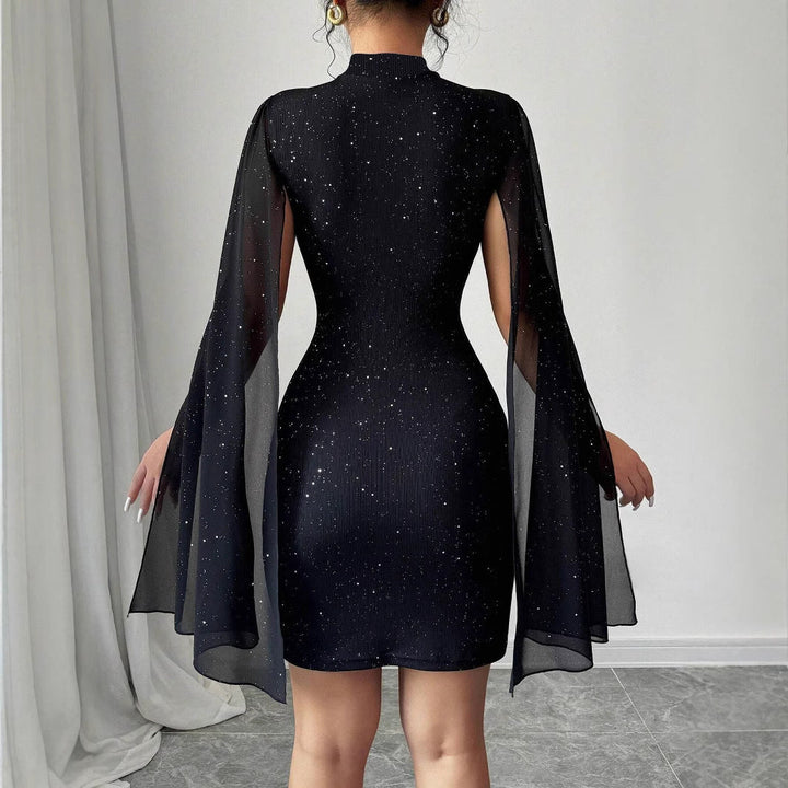 Women’s Mini Dress – Bodycon Fit – High Neck – Cape Sleeves – Shimmer Finish Evening Wear