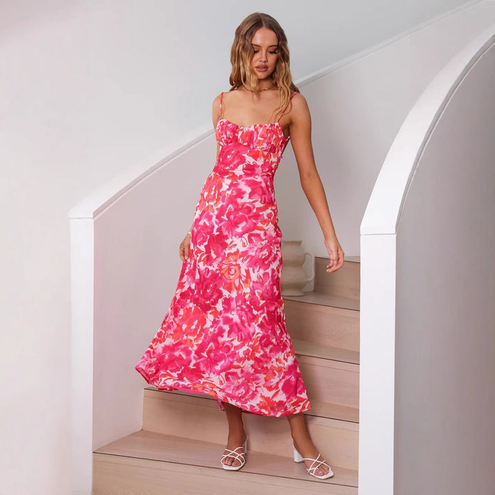 Women’s Maxi Dress - Floral Print - Sweetheart Neckline - Spaghetti Strap - Flowing Fit