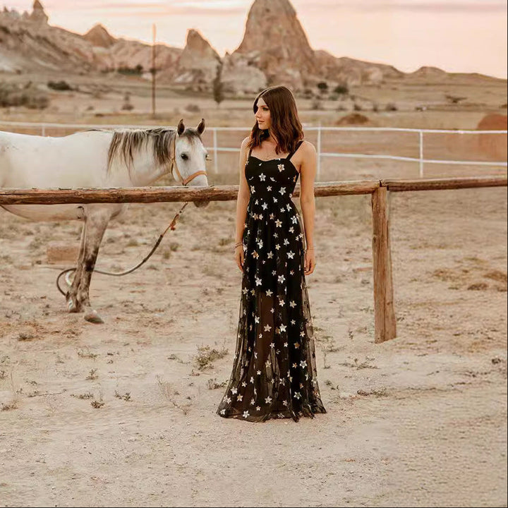 Women’s Evening Dress – Slim Fit – Sheer Overlay – Star Appliqué – Floor Length Formal