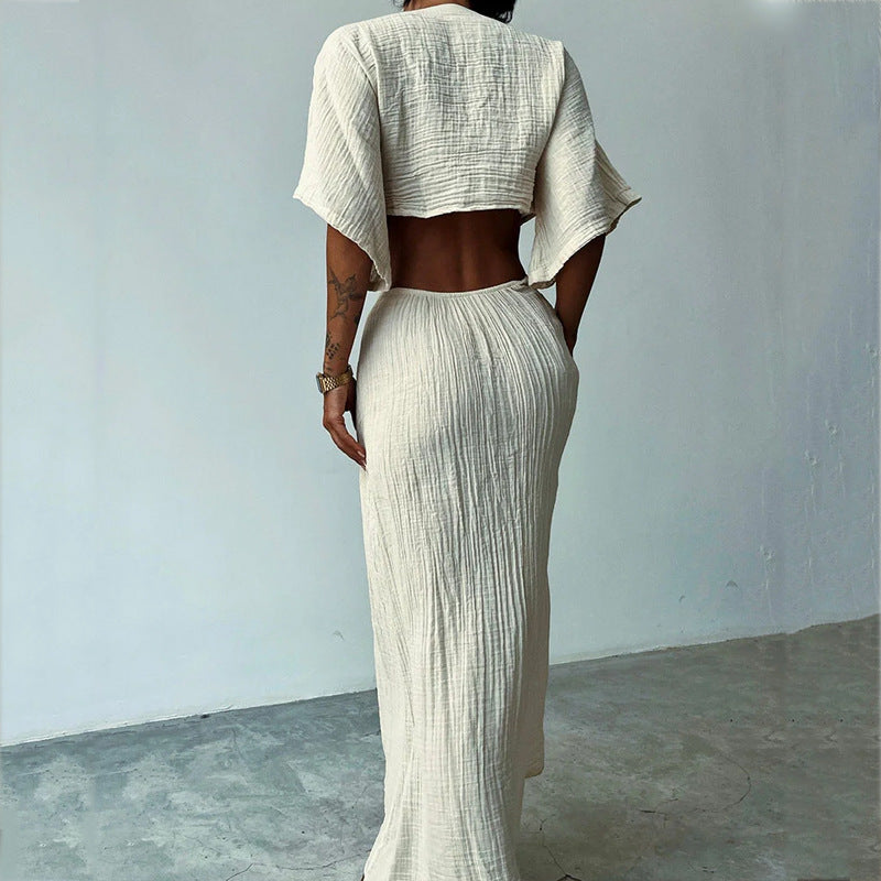 Women’s Maxi Dress - Slim Fit - V-Neck - Waist Cut-Out - Backless - Breathable Blend