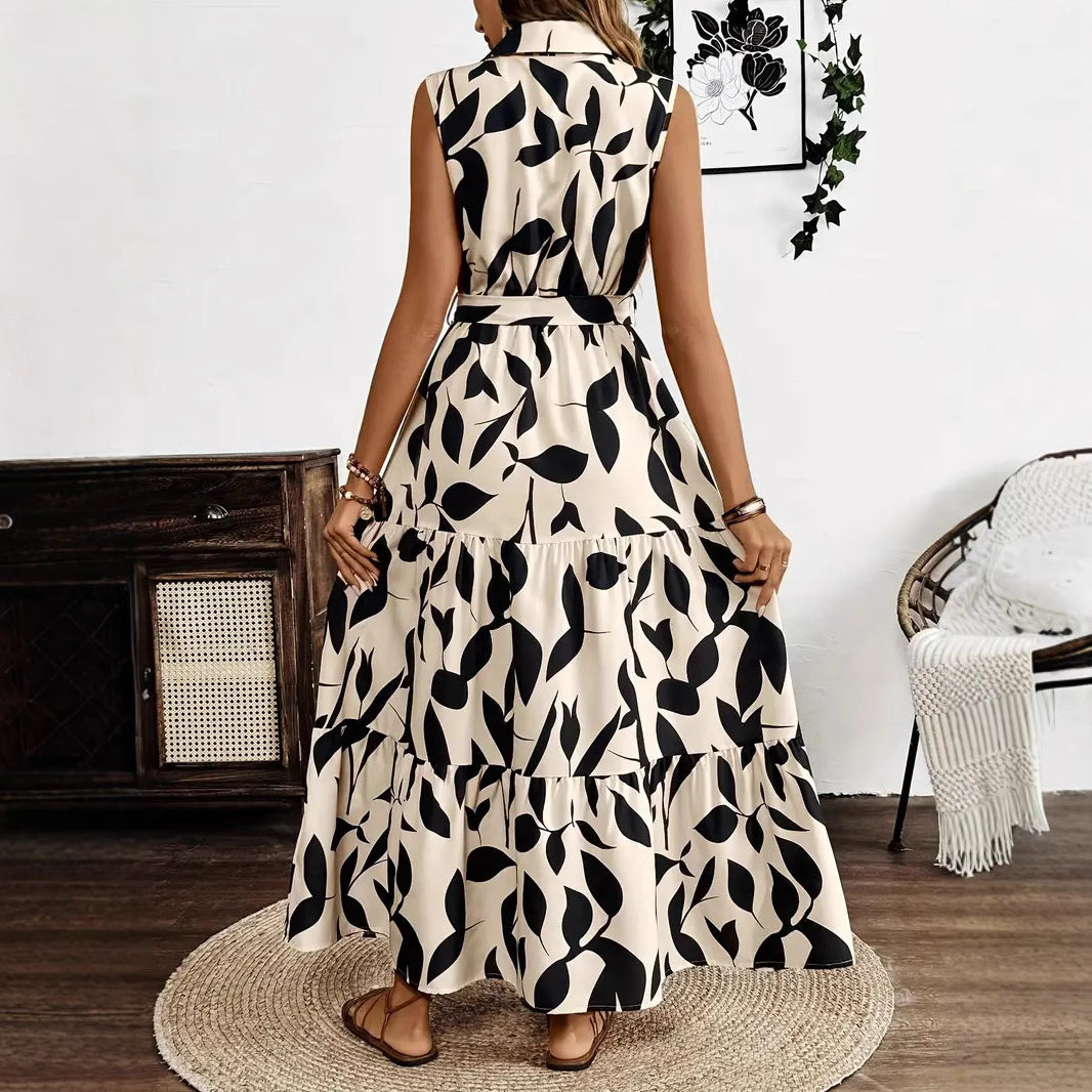 Women’s Maxi Dress – Sleeveless Collared – Button Front – Tiered Skirt – Tie Waist