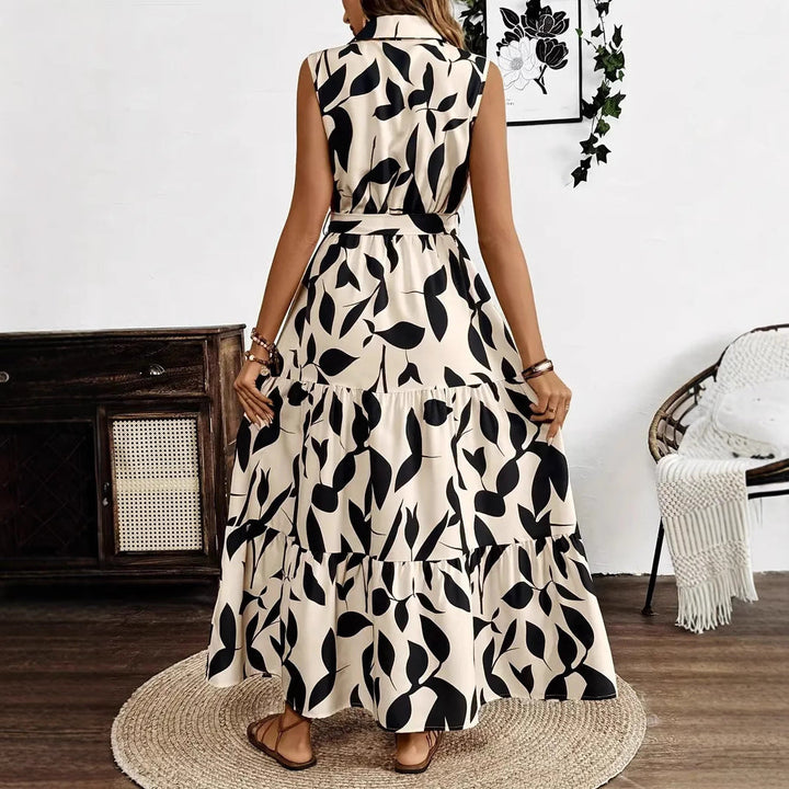 Women’s Maxi Dress – Sleeveless Collared – Button Front – Tiered Skirt – Tie Waist