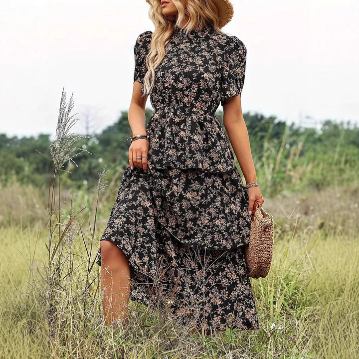 Women’s Midi Dress – Tiered A-Line – Short Sleeve – High Neck – Flowy Fit