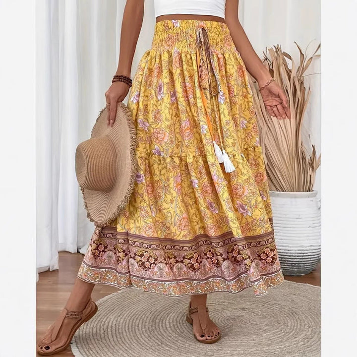 Women’s Maxi Skirt - Boho Style - Elastic Waist - Flowy Lightweight Cotton - Floral Pattern