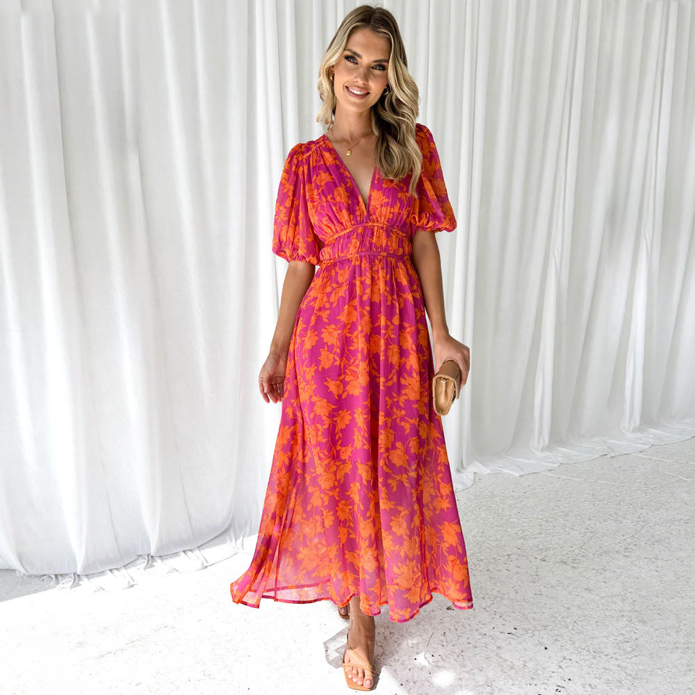 Women’s Maxi Dress – Flowing A-Line Fit – Voluminous Sleeves – Breathable Blend