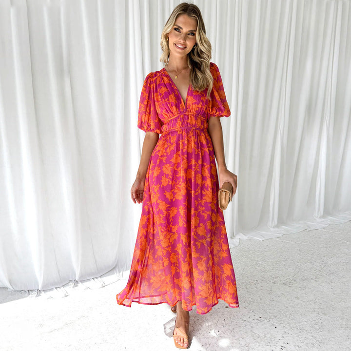 Women’s Maxi Dress – Flowing A-Line Fit – Voluminous Sleeves – Breathable Blend