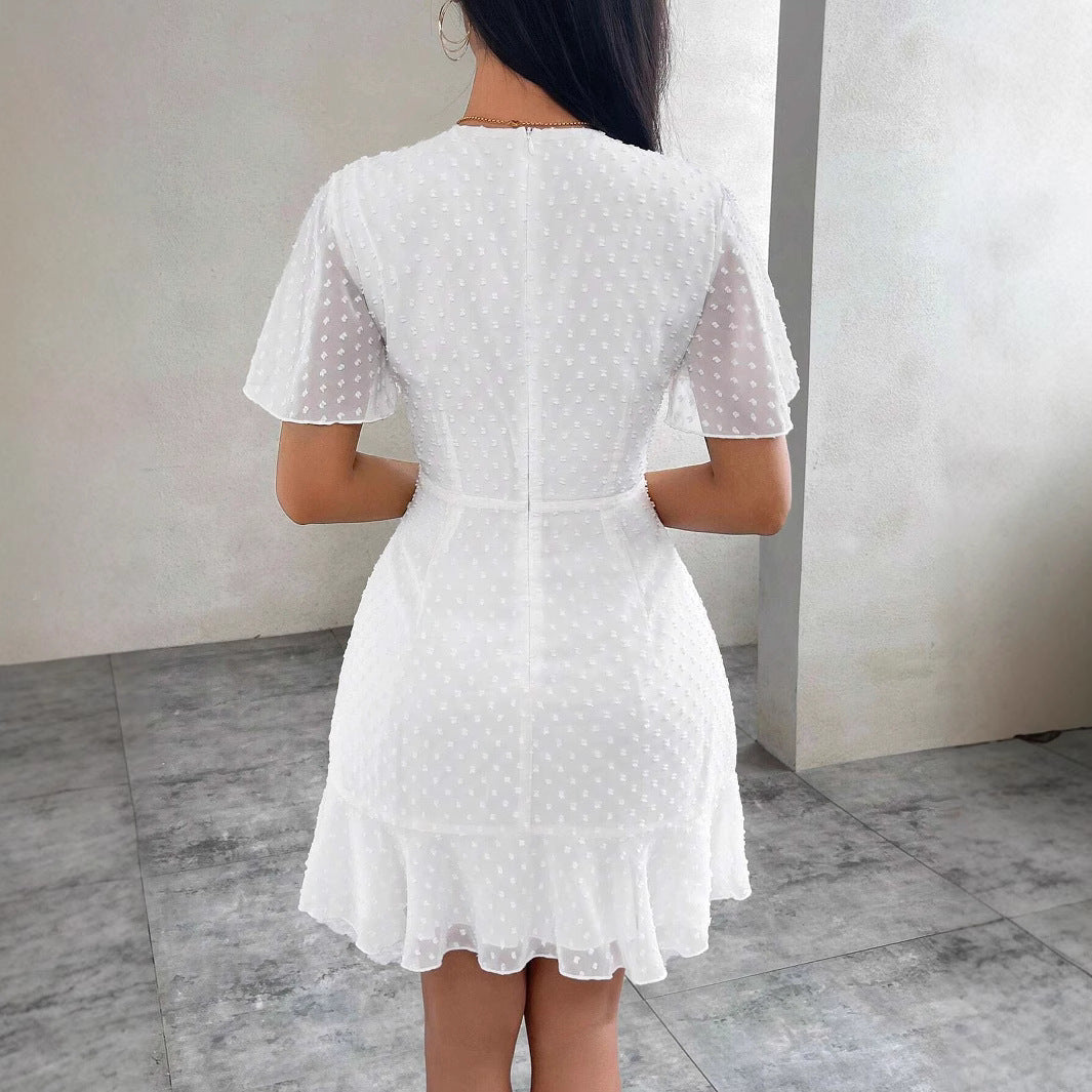 Women’s Dress - Fit and Flare - Flutter Sleeve - Textured Dot - Crew Neck - Ruffle Hem
