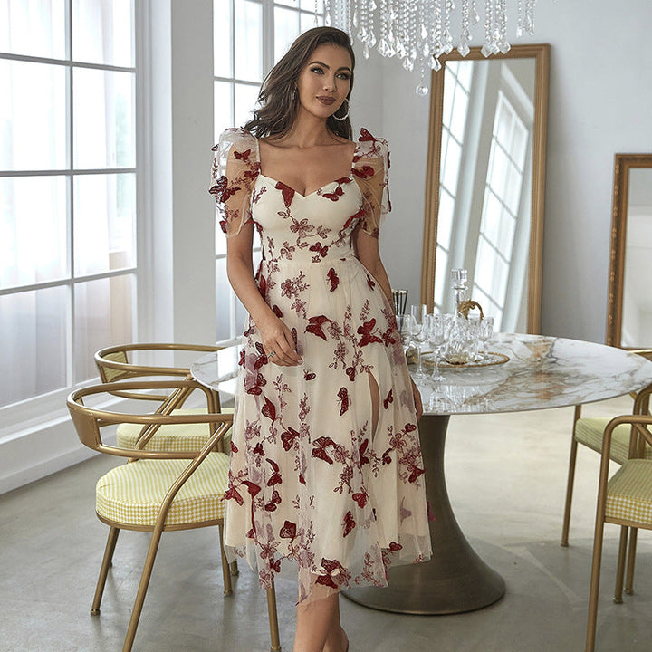 Women's Off-Shoulder Midi Dress – Sweetheart Neckline – Embroidered Tulle – A-Line Fit