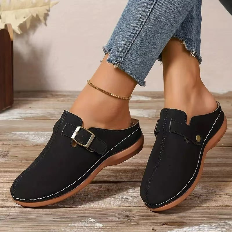 Women’s Wedge Mule Sandals – Closed Toe – Buckle Strap – Cushioned Insole – Casual Fit