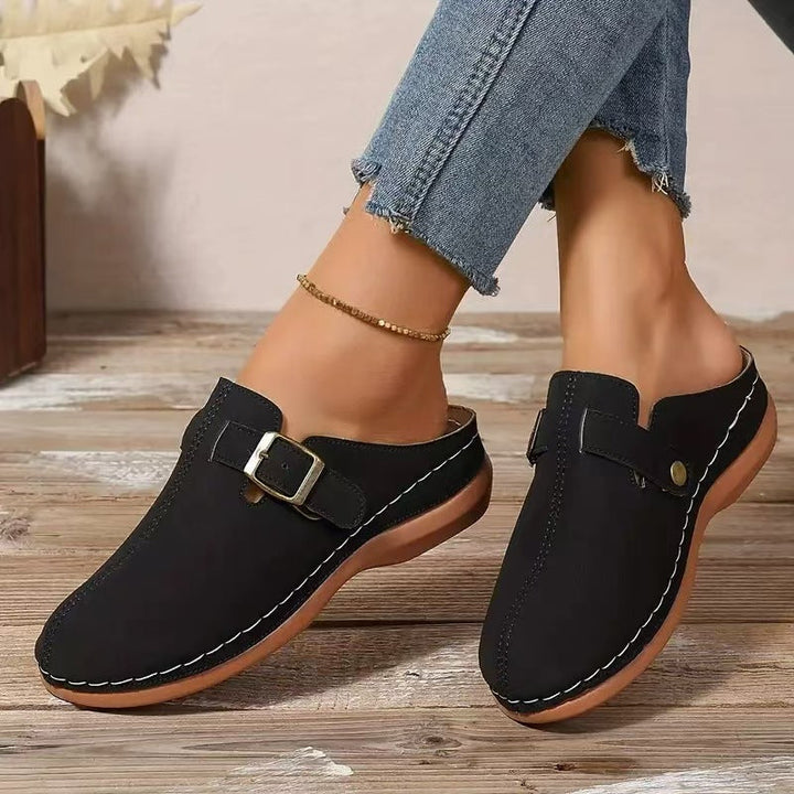 Women’s Wedge Mule Sandals – Closed Toe – Buckle Strap – Cushioned Insole – Casual Fit
