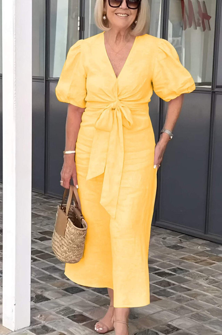 Women’s Midi Dress – Natural Fibers – V-Neck – Tie Waist – Puff Sleeve – Relaxed Fit