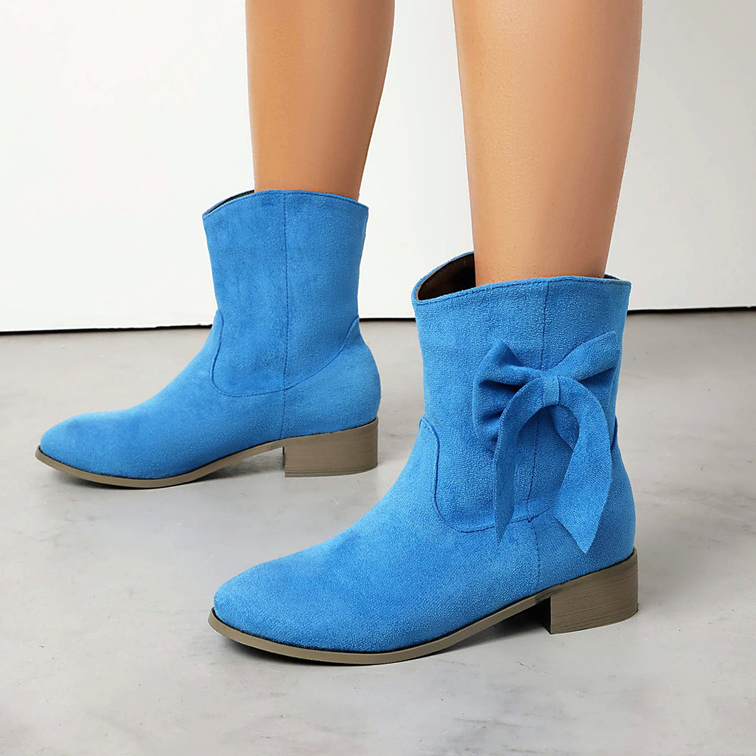 Women’s Ankle Boots – Suede Texture – Low Heel – Decorative Bow – Casual Comfort Fit