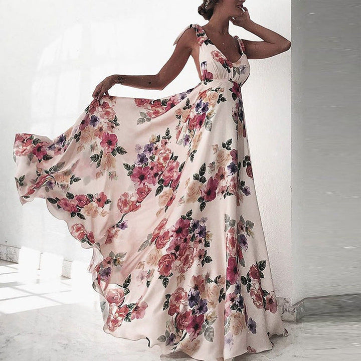 Women’s Maxi Dress – V-Neck – Sleeveless – Fitted Bodice – Flowy Floral Design