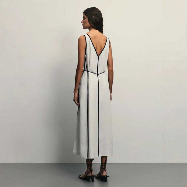 Women’s Maxi Dress – V-Neck – Waist Belt – Flared Silhouette – Contrasting Trim