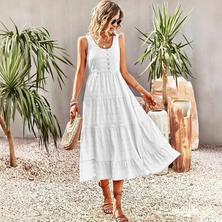 Women’s Maxi Dress - Sleeveless Tiered Skirt - Scoop Neck - Button Front Casual Fit