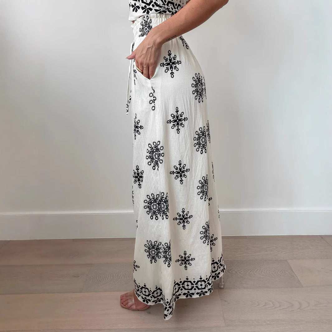 Women’s Two-Piece Set - Embroidered Crop Top and High-Waist Wide-Leg Pants - Relaxed Fit