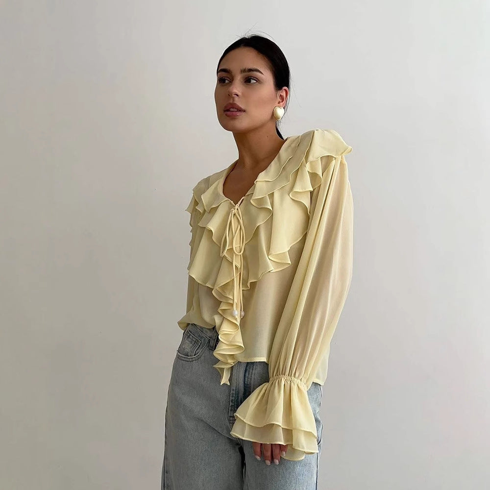 Women’s Blouse – Sheer Lightweight Fabric – Relaxed Fit – Ruffle V-Neck – Long Sleeve
