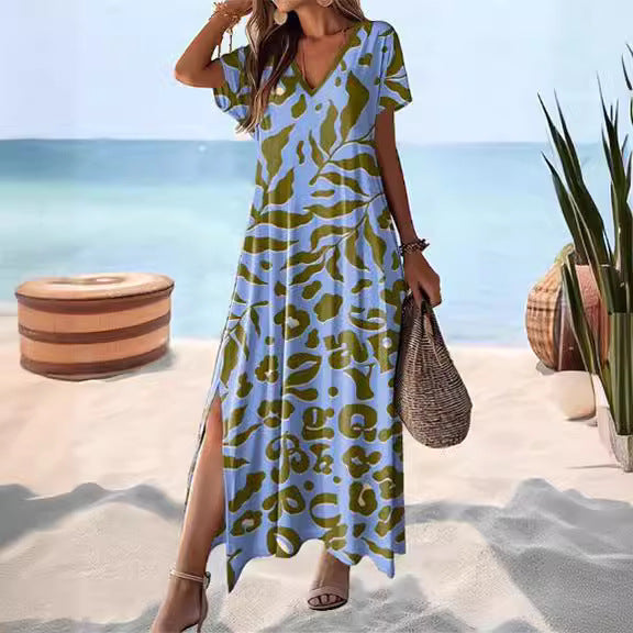Women's Maxi Dress - Relaxed Fit - V-Neck - Short Sleeve
