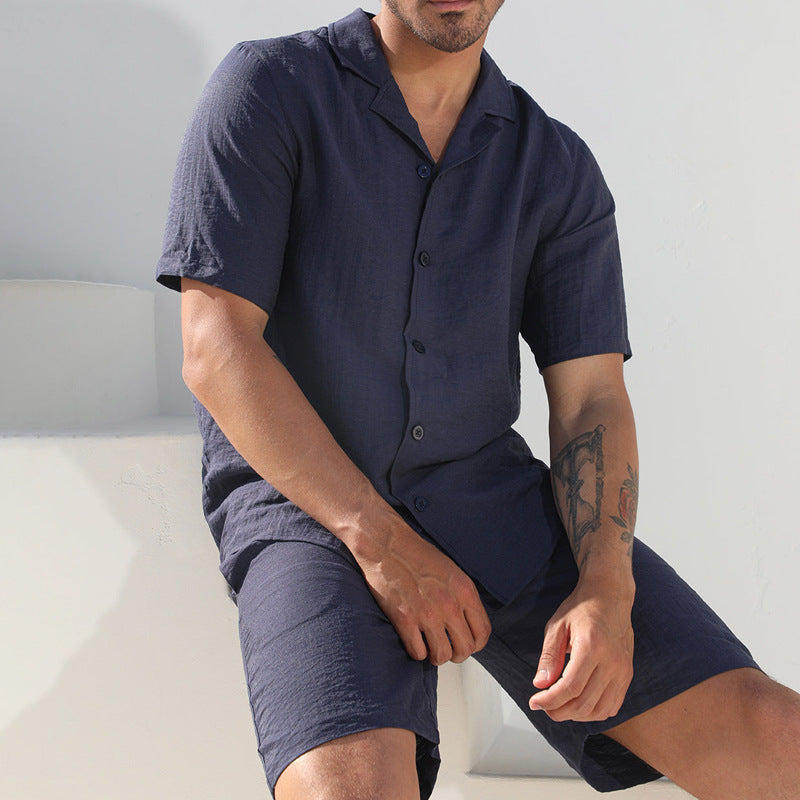 Men's Two-Piece Set – Linen Blend – Relaxed Fit – Short Sleeve Shirt & Shorts