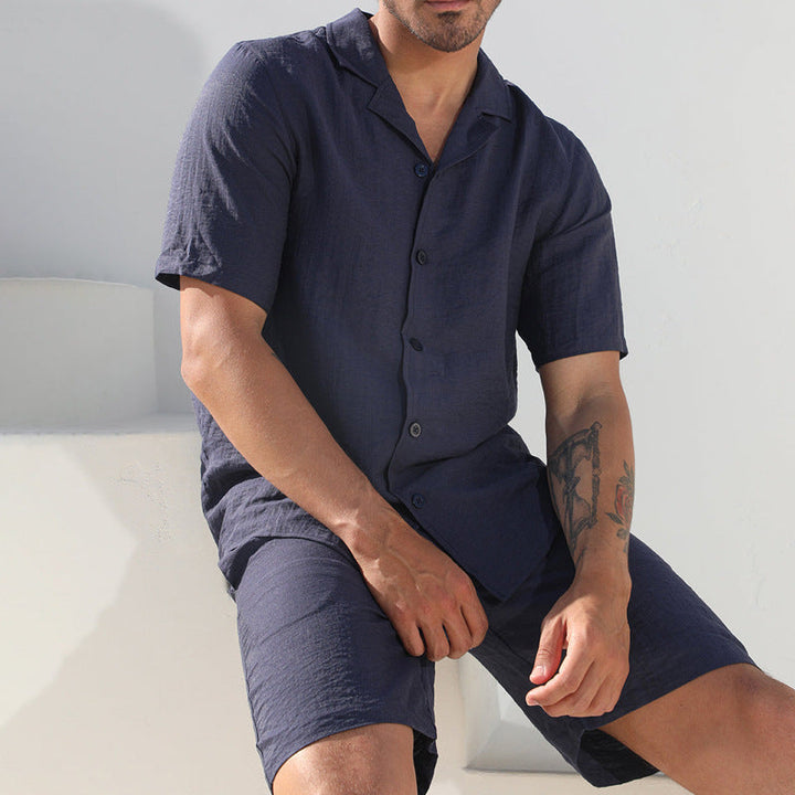 Men's Two-Piece Set – Linen Blend – Relaxed Fit – Short Sleeve Shirt & Shorts